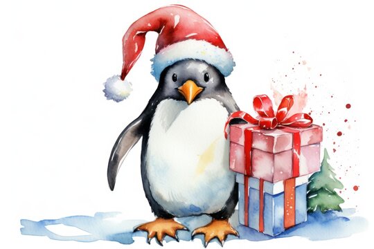  a penguin wearing a santa hat and holding a gift box with a red ribbon and a red and white bow.
