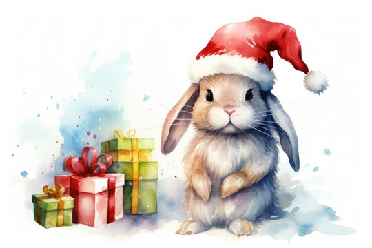  a watercolor painting of a bunny wearing a santa claus hat next to a pile of presents on a white background.