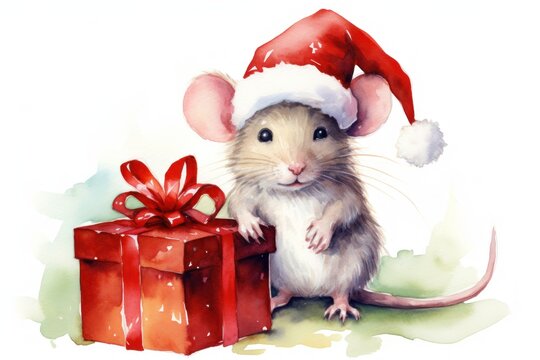  a watercolor painting of a rat with a santa hat next to a red gift box with a red bow.