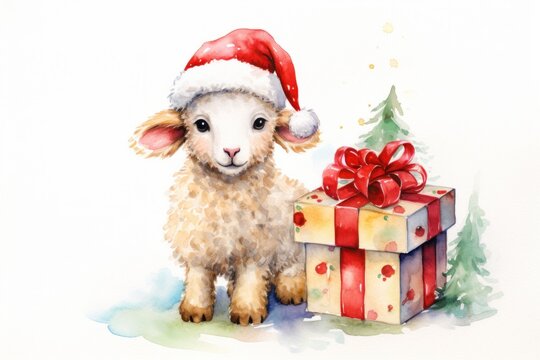  a watercolor painting of a sheep with a santa hat next to a gift box with a christmas tree on it.