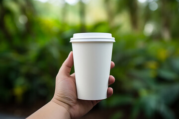 hand holding an eco paper glass without inscriptions, mockup for the design of a paper cup for coffee against the background of the city and park
