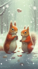 Cute squirrels in scarves, minimalistic snowy scene.generative ai