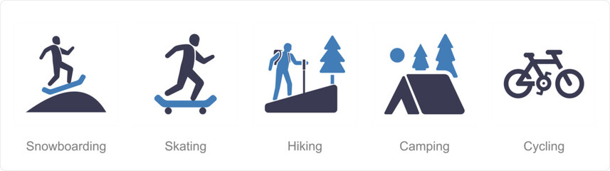 A set of 5 Hobby icons as snowboarding, skating, hiking