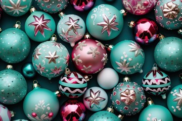  a pile of christmas ornaments sitting on top of a pile of blue and pink ornaments on top of each other.