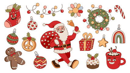 Merry Christmas and Happy New Year groovy hippie stickers. Funny retro cartoon characters collection. Santa Claus, wreath, gift, garlands, toys, peace sign. Trendy 60s-70s style