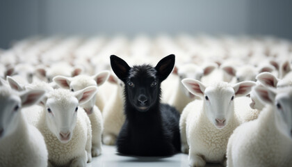 One black sheep standing away from a group of white sheep generative ai - obrazy, fototapety, plakaty