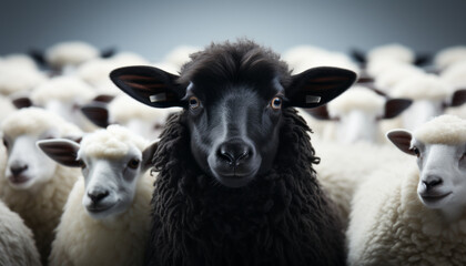 One black sheep standing away from a group of white sheep generative ai - obrazy, fototapety, plakaty