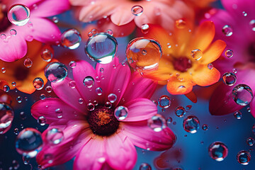 macro, bright flowers underwater with bubbles, pink, orange and blue colors, background or screensaver