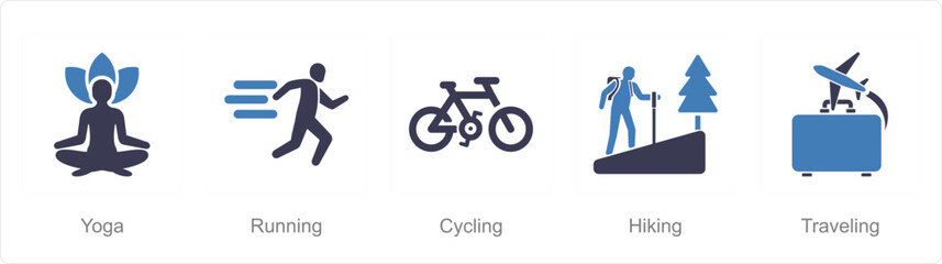 A set of 5 Hobby icons as yoga, running, cycling