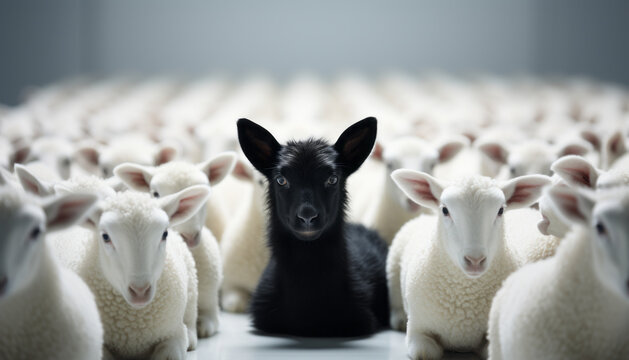 One black sheep standing away from a group of white sheep generative ai