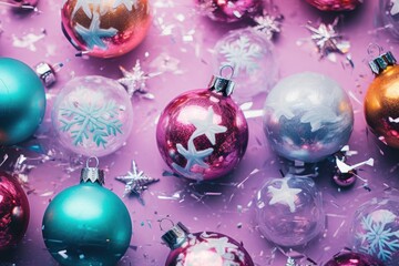  a group of christmas ornaments sitting on top of a purple surface with snow flakes all over the top of them.