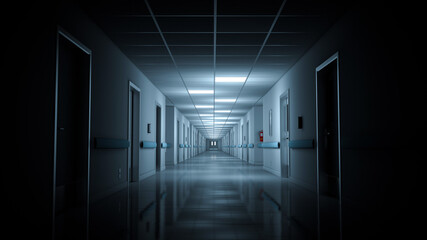 Hospital corridor with few lights on. 3d rendering. Seamless looping.