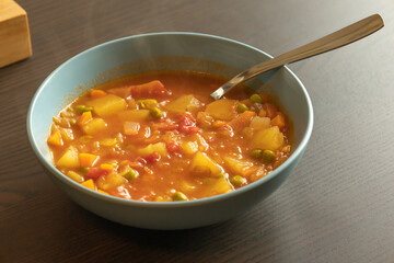 Homemade vegetable soup close up view of vegan healthy soup in a bowl