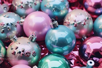  a pile of christmas ornaments sitting on top of a pile of red, green and blue baubles on top of a table.