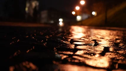 Foto auf Acrylglas Krakau Cobblestone street at night reflection