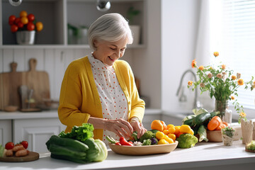 beautiful elderly modern woman 60 years old in a yellow cardigan prepares vegetables in the kitchen