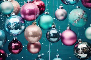  a bunch of different colored christmas ornaments hanging from a line on a blue background with snow flakes on the top of the ornaments.