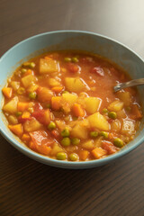 Homemade vegetable soup close up view of vegan healthy soup in a bowl