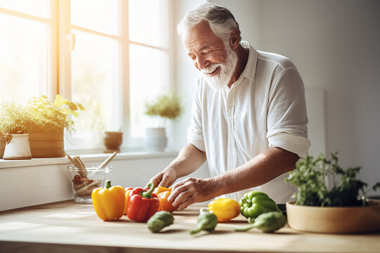 An Elderly Man Of 60 Years Old In A Light Shirt Cooks In The Kitchen, Cuts Vegetables And Smiles Near The Window With The Rays Of The Sun