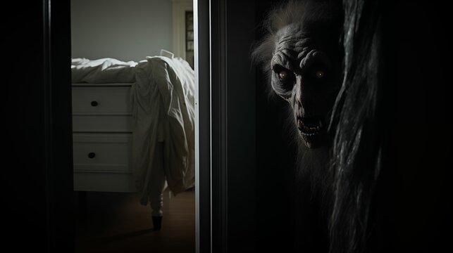 Image of a scary creature emerging from a bedroom closet door.