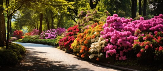 The multi-colored flowers in the garden look gorgeous, surrounded by green trees, roads, a clear sky, and the sun shining.