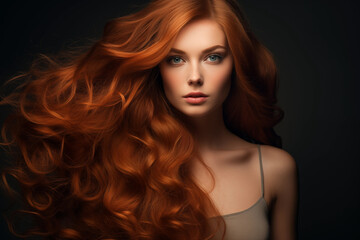 Fototapeta premium Gorgeous redhead woman showing off her beautiful long, wavy, abundant and flowy red hair and looking confident in a studio