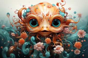  a digital painting of an octopus with flowers on it's head and a sea creature's head in the background.
