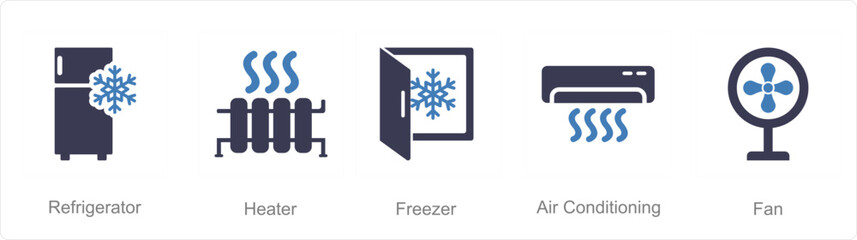 A set of 5 Home Appliance icons as referigerator, heater, freezer - obrazy, fototapety, plakaty