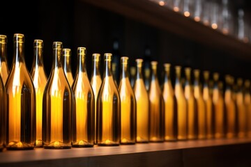  a row of wine bottles sitting on top of a wooden shelf next to a row of wine glasses on top of a shelf. - obrazy, fototapety, plakaty
