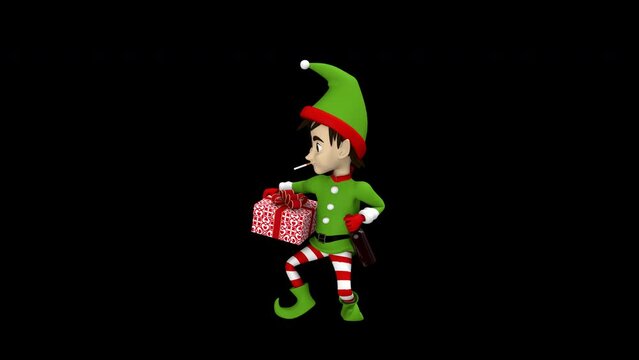 Christmas elf dancing with gift box and bottle of booze - 3d render looped with alpha channel. 
