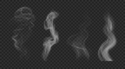 Set of vector realistic white wavy steam. Hookah and cigarettes smoke isolated on transparent backdrop