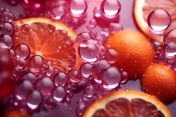 sliced orange, grapefruit with drops of water, juicy fruit, drink close-up
