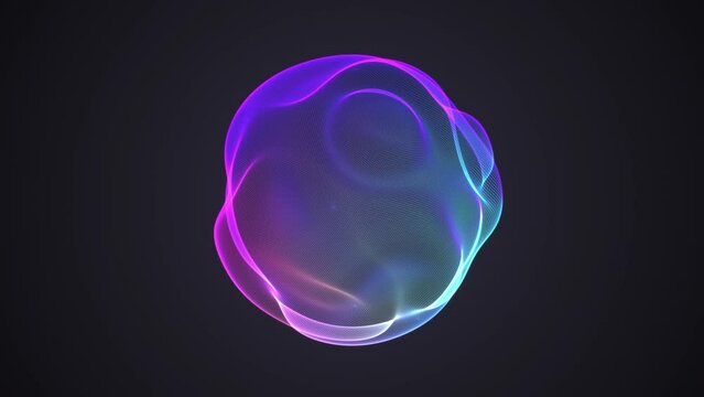 Bright, colorful 3D sphere with wavy pixelated surface on black background. Abstract concept of sound waves, digital sound, or ethereal waves. Looped 4K video of vibrant color music equalizer