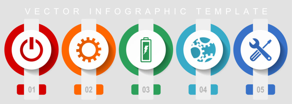 Industry flat design icon set, miscellaneous icons such as power, cogwheel, battery and tools, vector infographic template, web buttons collection