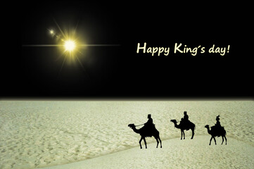 Felicitación, Reyes Magos, desierto, estrella, arena, noche