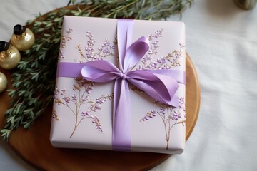  a wrapped gift sitting on top of a wooden plate next to a christmas ornament and a sprig of greenery.