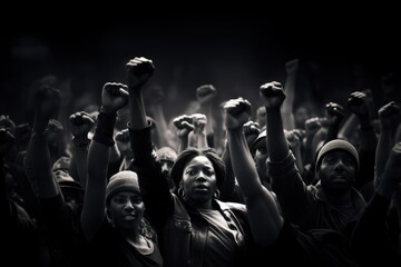  a black and white photo of a group of people raising their hands in the air with their hands in...