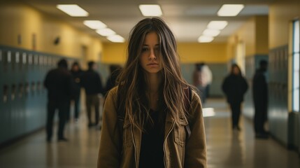 Image of a sad teenage girl standing in a school hallway. - obrazy, fototapety, plakaty