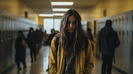 Image of a sad teenage girl standing in a school hallway.