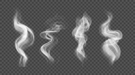White wavy smoke isolated on transparent background. Vector set of realistic steam from hot drink, food - obrazy, fototapety, plakaty