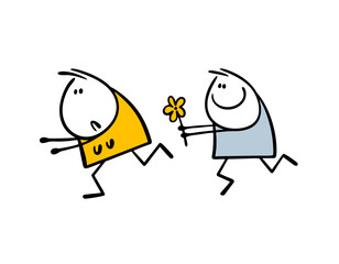 Funny frightened woman flees in fear from her persistent, annoying admirer. Vector illustration of silly stickman man chasing a girl, carrying flowers.