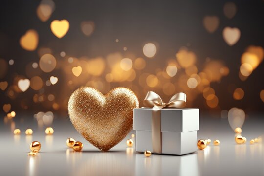  a white gift box with a gold bow and a heart shaped box with a golden bow on a shiny surface.