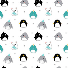 Whale, narwhal, polar bear, shark, penguin on seamless pattern. Squishmallow. Kawaii, vector © Aleksandra