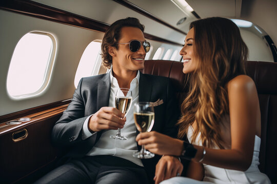 Wealthy happy couple drinking champagne flying in a private jet