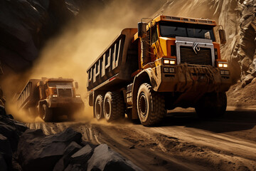 Yellow dump truck vehicles working in mining