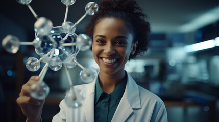 Scientist holding  atom model in laboratory.