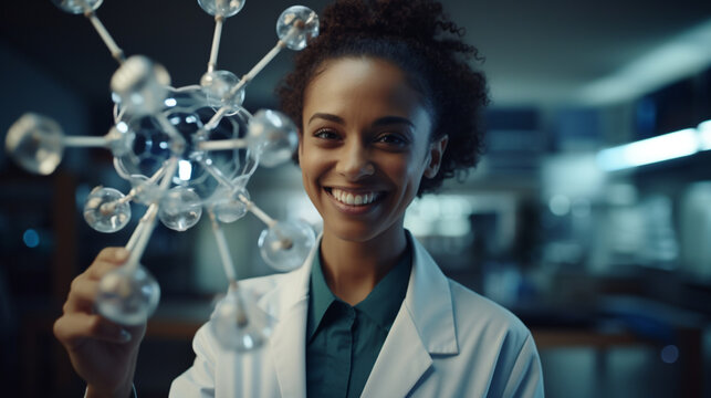 Scientist holding  atom model in laboratory.