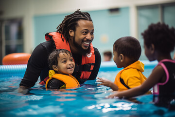 Cheerful black man teaching kids how to swim in the pool - obrazy, fototapety, plakaty