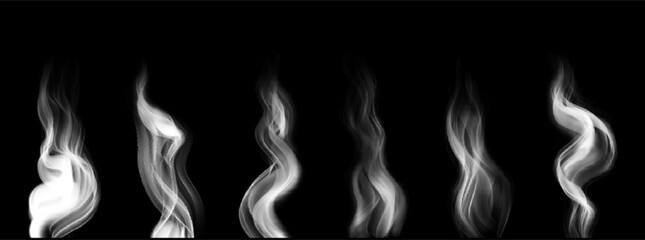 Wavy steam. Set of vector design elements. Realistic white smoke and vapor on black background