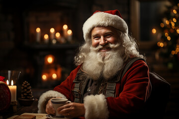 Joyful Traditional Santa Claus in Festive Red Suit Relaxing in Armchair with Hot Beverage, Warm Candlelight & Christmas Tree Lights in background